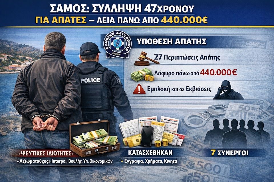 Σάμος: 47χρονος συνελήφθη για 27 απάτες – Πάνω από 440.000€ το παράνομο όφελος